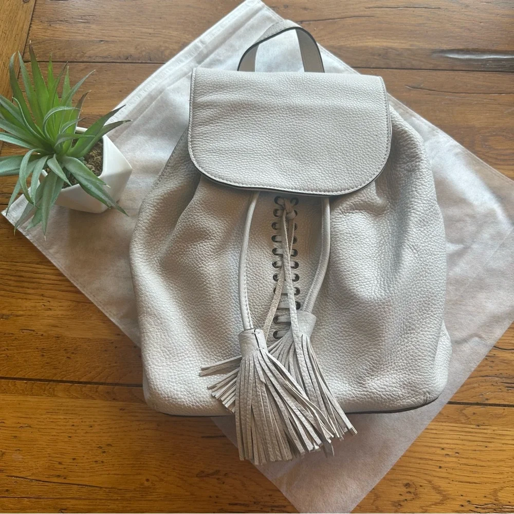 Rebecca Minkoff Cream Pebbled Leather Backpack with Lace Up and Tassel Detail